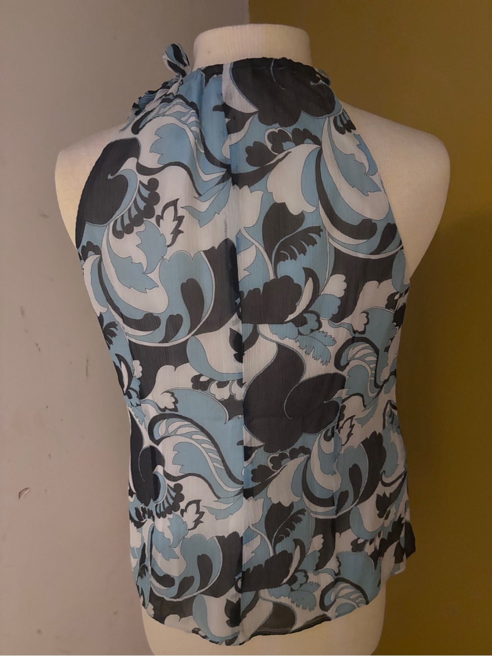 Ann Taylor Sleeveless Halter Top in Light Blue, Black & White 100% Silk - Picture 3 of 3